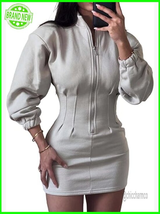 Dresses & Skirts - Mock Neck Long Sleeve Bodycon Mini Dress with Zipper